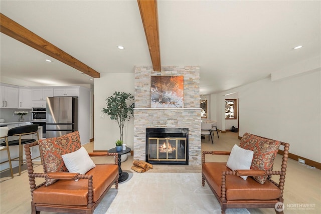 13710 41st Ave NE, Seattle, WA 98125 - living area with beamed ceiling, a fireplace, and recessed lighting