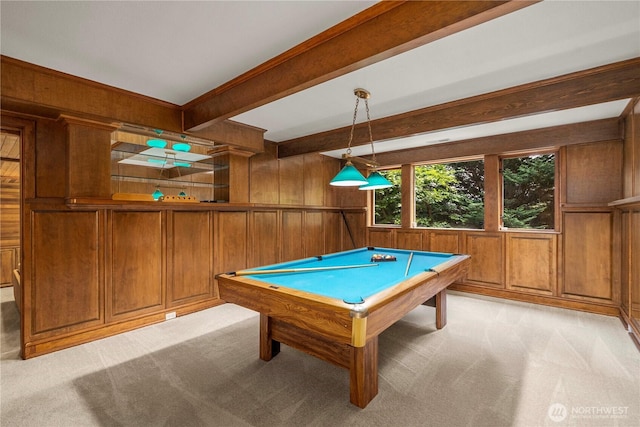 13710 41st Ave NE, Seattle, WA 98125 - game room featuring wooden walls, billiards, light carpet, and beamed ceiling