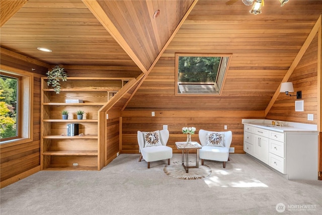13710 41st Ave NE, Seattle, WA 98125 - living area featuring wooden ceiling, wooden walls, a skylight, and light carpet