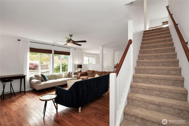 1344 Foreman Rd, Dupont, WA 98327 - living room with hardwood / wood-style floors, a ceiling fan, and stairs