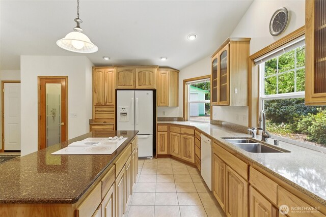 442 Rhododendron Dr, Sequim, WA 98382 - kitchen featuring white appliances, glass insert cabinets, dark stone counters, pendant lighting, and recessed lighting