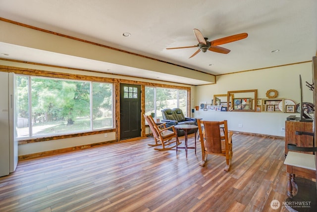 19910 NE 356th St, Yacolt, WA 98675 - dining room featuring wood finished floors, a ceiling fan, recessed lighting, and crown molding