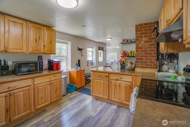 19910 NE 356th St, Yacolt, WA 98675 - kitchen featuring electric stove, under cabinet range hood, a peninsula, a textured ceiling, and light wood-type flooring