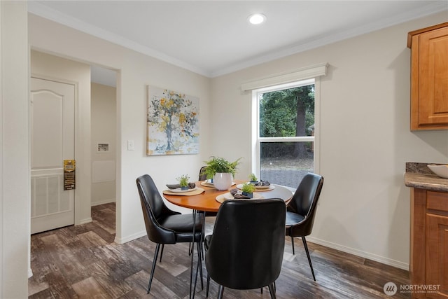 15807 78th Avenue Ct E, Puyallup, WA 98375 - dining space featuring dark wood-style floors, ornamental molding, and recessed lighting
