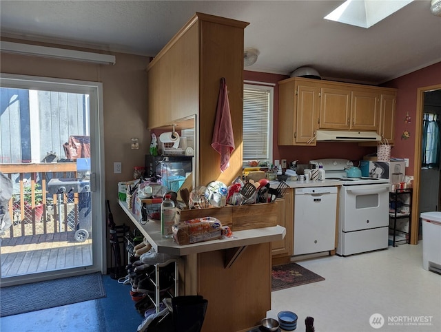 30925 114th Ln SE, Auburn, WA 98092 - kitchen with white appliances, under cabinet range hood, a skylight, and light countertops