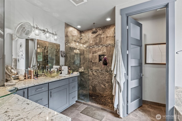 140 Bowers, Chehalis, WA 98532 - full bath featuring vanity, a shower stall, and recessed lighting