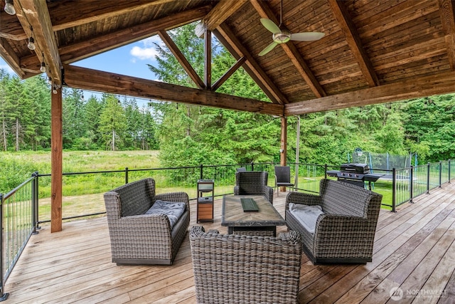 140 Bowers, Chehalis, WA 98532 - deck with an outdoor hangout area, a ceiling fan, and area for grilling