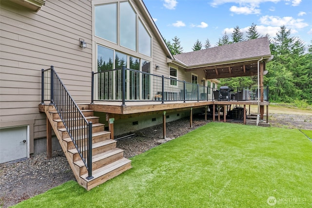 140 Bowers, Chehalis, WA 98532 - back of property with stairs, a lawn, a wooden deck, and crawl space