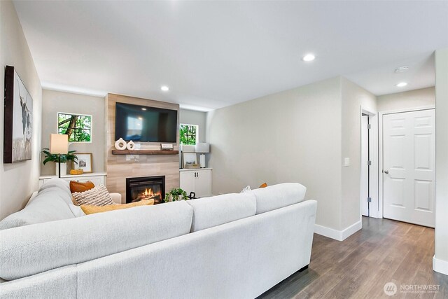 3906 141st Pl SE, Mill Creek, WA 98012 - living area with a fireplace, wood finished floors, and recessed lighting
