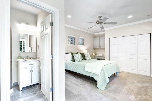 3906 141st Pl SE, Mill Creek, WA 98012 - bedroom with ornamental molding, recessed lighting, a closet, ceiling fan, and light carpet