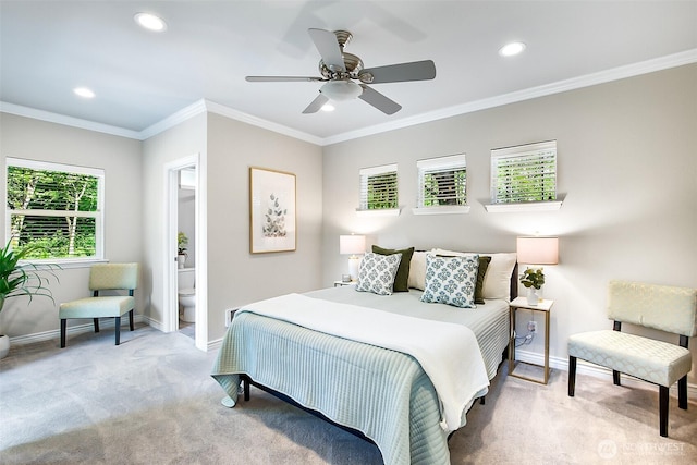 3906 141st Pl SE, Mill Creek, WA 98012 - carpeted bedroom featuring recessed lighting, ornamental molding, a ceiling fan, and ensuite bathroom