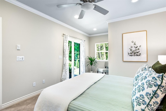 3906 141st Pl SE, Mill Creek, WA 98012 - bedroom featuring recessed lighting, carpet floors, ornamental molding, access to outside, and a ceiling fan