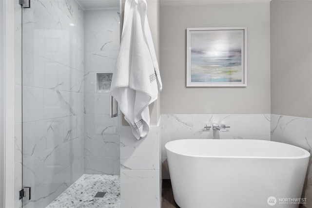 3906 141st Pl SE, Mill Creek, WA 98012 - full bathroom with tile walls, a freestanding bath, wainscoting, and a marble finish shower