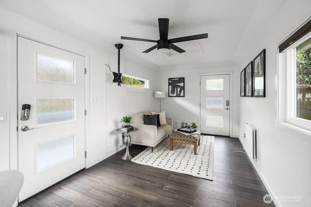 4055 SW Prince St, Seattle, WA 98116 - foyer featuring dark wood-type flooring, ceiling fan, and radiator heating unit