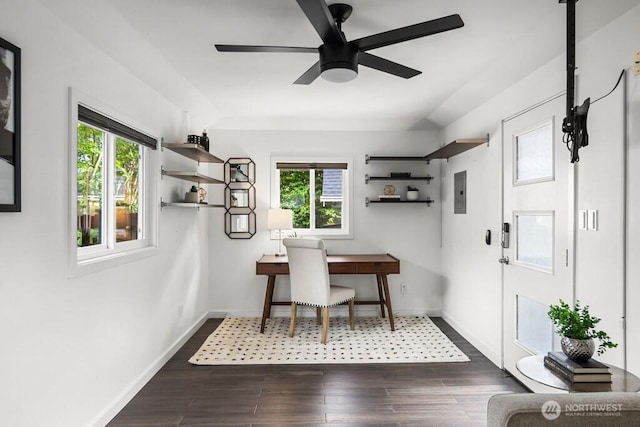 4055 SW Prince St, Seattle, WA 98116 - office with a ceiling fan and dark wood-style flooring