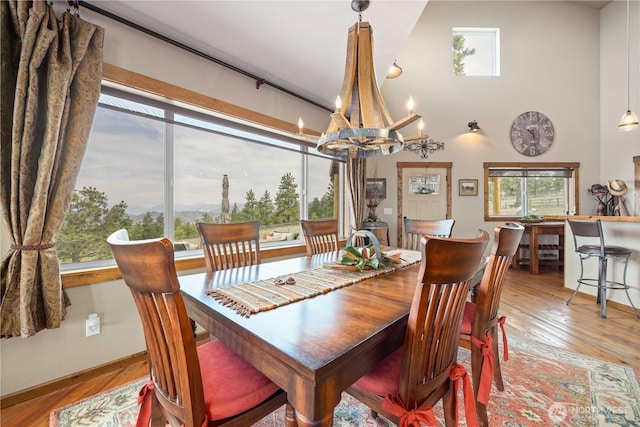 95 Horizon Ln, Chelan, WA 98816 - dining space featuring a chandelier, wood finished floors, and high vaulted ceiling