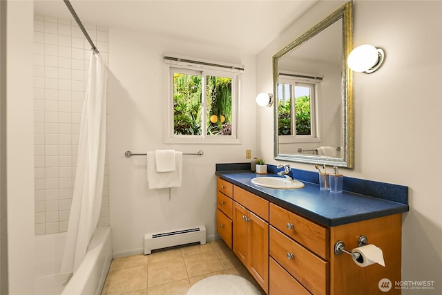2325 38th Ave E, Seattle, WA 98112 - bathroom featuring a baseboard radiator, vanity, tile patterned floors, and shower / tub combo