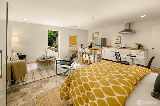 2325 38th Ave E, Seattle, WA 98112 - bedroom featuring access to outside, recessed lighting, and freestanding refrigerator