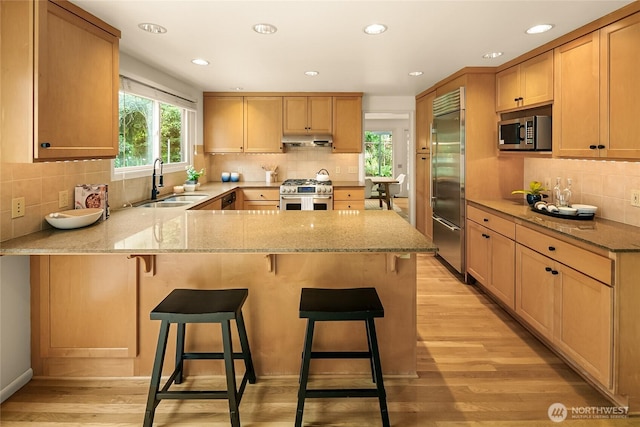 2325 38th Ave E, Seattle, WA 98112 - kitchen featuring appliances with stainless steel finishes, under cabinet range hood, a peninsula, tasteful backsplash, and recessed lighting