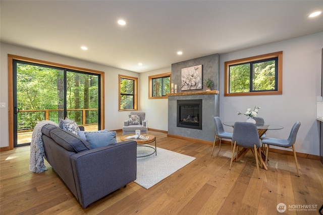 7489 Olsen Dr, Deming, WA 98244 - living room featuring a large fireplace, light wood-style flooring, and recessed lighting
