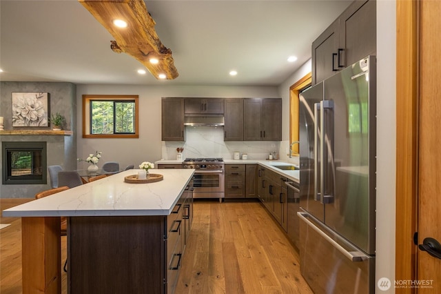 7489 Olsen Dr, Deming, WA 98244 - kitchen featuring high quality appliances, under cabinet range hood, light wood-type flooring, a center island, and a glass covered fireplace