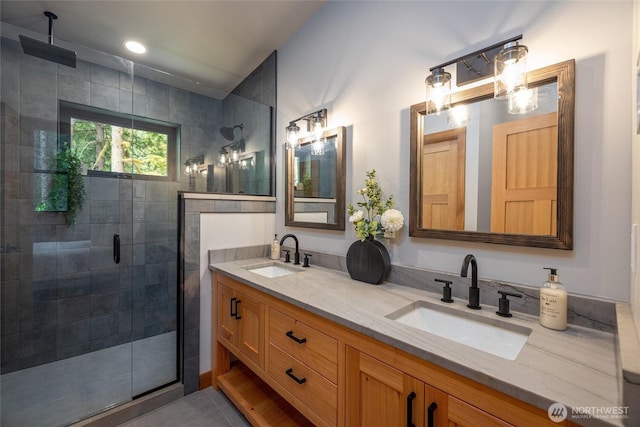 7489 Olsen Dr, Deming, WA 98244 - bathroom with double vanity and a stall shower