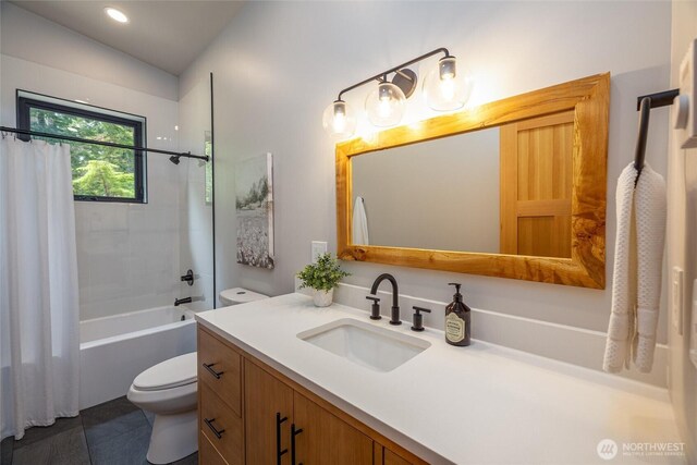 7489 Olsen Dr, Deming, WA 98244 - bathroom with vanity, shower / bath combo with shower curtain, and tile patterned floors