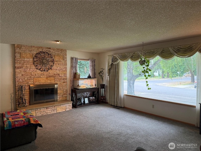 16 W Douglas St, Harrington, WA 99134 - carpeted living room with a textured ceiling and a brick fireplace