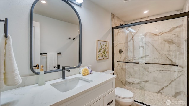 840 SW 306th St, Federal Way, WA 98023 - full bathroom featuring vanity, a marble finish shower, and recessed lighting