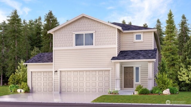 14113 195th Street Ct E, Graham, WA 98338 - traditional home with concrete driveway, an attached garage, a front lawn, and roof with shingles