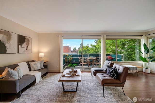 1110 E Harrison St Unit 301, Seattle, WA 98102 - living room featuring plenty of natural light, wood-type flooring, and crown molding