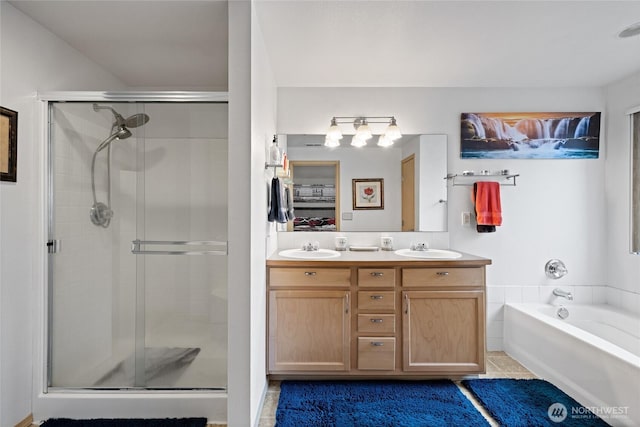 7230 178th St E, Puyallup, WA 98375 - full bathroom with a shower stall, tile patterned flooring, double vanity, and a garden tub