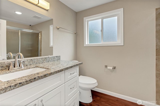 3005 Old Morse Rd SE, Olympia, WA 98501 - bathroom with an enclosed shower, vanity, and wood finished floors