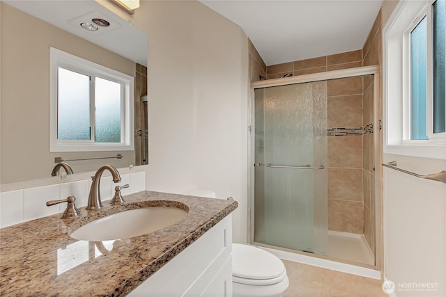 3005 Old Morse Rd SE, Olympia, WA 98501 - full bathroom featuring vanity, a shower stall, and tile patterned flooring
