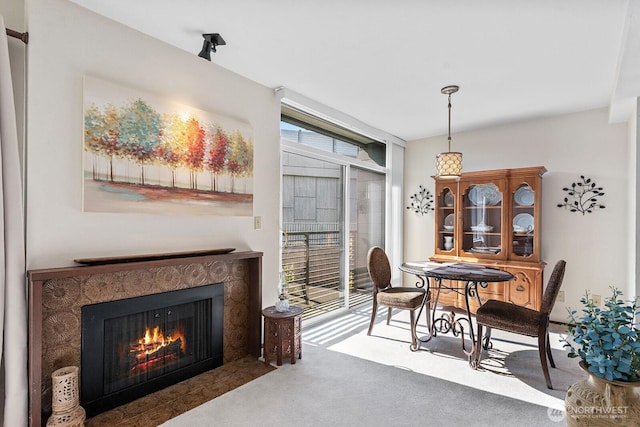11300 1st Ave NE Unit 224, Seattle, WA 98125 - dining space with carpet flooring, expansive windows, and a fireplace with flush hearth