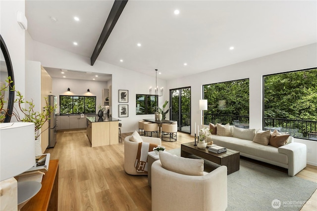 11029 84th Ave S, Seattle, WA 98178 - living area with beam ceiling, light wood-type flooring, recessed lighting, a chandelier, and high vaulted ceiling