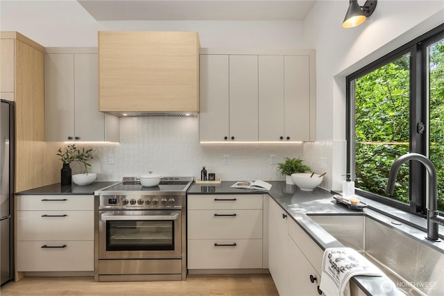 11029 84th Ave S, Seattle, WA 98178 - kitchen with appliances with stainless steel finishes, custom range hood, tasteful backsplash, and light wood finished floors