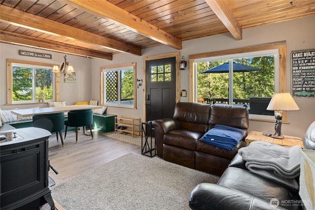 7 Moonshine Ln, Ronald, WA 98940 - living room with a chandelier, wood finished floors, and a wooden ceiling with exposed beams