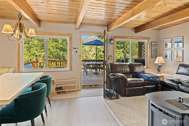 7 Moonshine Ln, Ronald, WA 98940 - living room with wood finished floors, a wood ceiling with exposed beams, and a chandelier