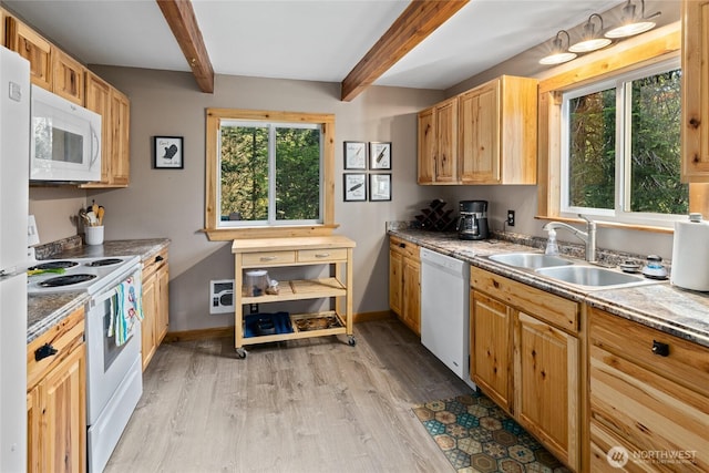 7 Moonshine Ln, Ronald, WA 98940 - kitchen featuring white appliances, beamed ceiling, light wood finished floors, and light countertops
