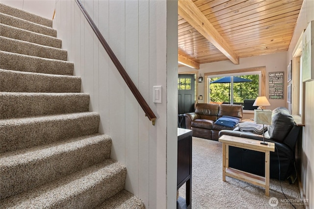 7 Moonshine Ln, Ronald, WA 98940 - stairs with carpet flooring and a wooden ceiling with exposed beams