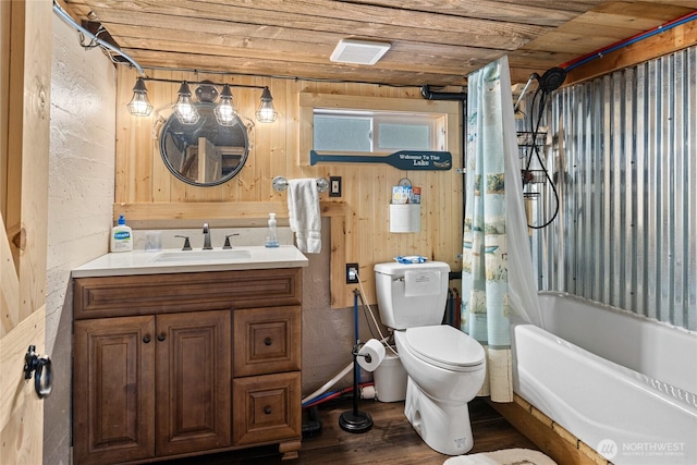 7 Moonshine Ln, Ronald, WA 98940 - full bathroom featuring vanity, wood finished floors, shower / bathtub combination with curtain, wooden ceiling, and wooden walls