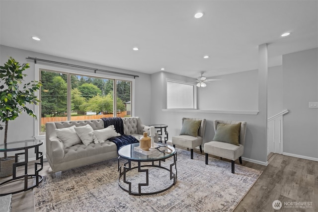 13002 145th St E, Puyallup, WA 98374 - living room featuring wood finished floors, recessed lighting, and a ceiling fan
