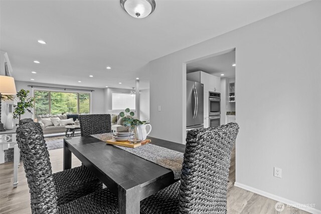 13002 145th St E, Puyallup, WA 98374 - dining space with light wood-type flooring, recessed lighting, and ceiling fan