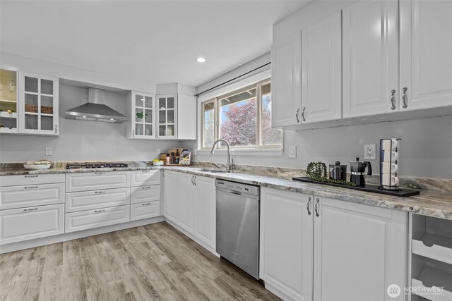 13002 145th St E, Puyallup, WA 98374 - kitchen featuring appliances with stainless steel finishes, wall chimney exhaust hood, white cabinets, and recessed lighting