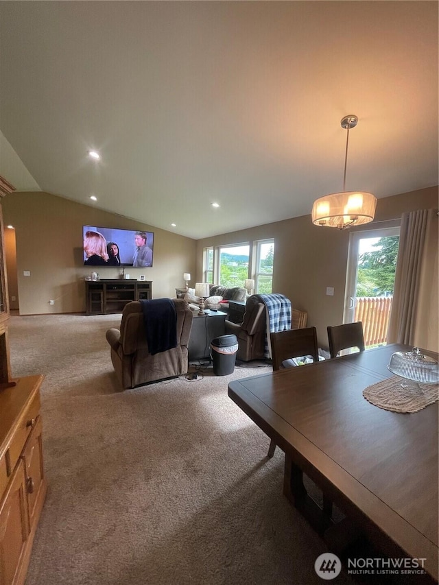 1717 Krause Rd, Raymond, WA 98577 - carpeted dining area with vaulted ceiling and recessed lighting