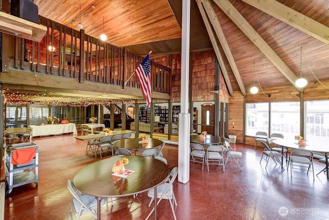 2500 Alder St Unit 335, Milton, WA 98354 - dining room with a wooden ceiling with exposed beams and a high ceiling