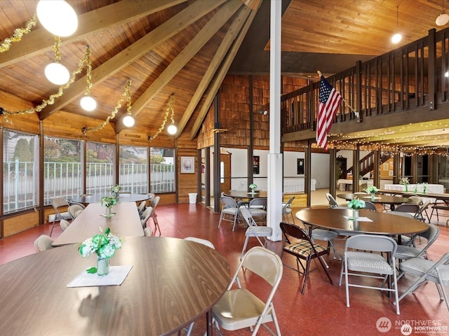 2500 Alder St Unit 335, Milton, WA 98354 - dining area featuring a wood ceiling with exposed beams, high vaulted ceiling, and stairway
