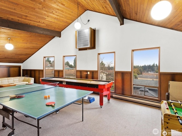 2500 Alder St Unit 335, Milton, WA 98354 - rec room with wainscoting, carpet, baseboard heating, wood ceiling, and wood walls