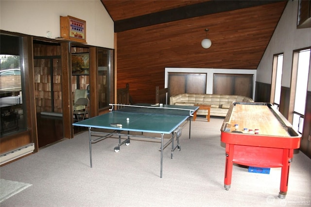 2500 Alder St Unit 335, Milton, WA 98354 - recreation room with carpet floors, a baseboard heating unit, wooden walls, and wooden ceiling